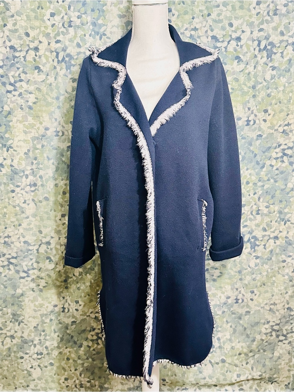 Jade Melody Tam Navy Fringe Trim Long Cardigan Coat Sweater Jacket S/M